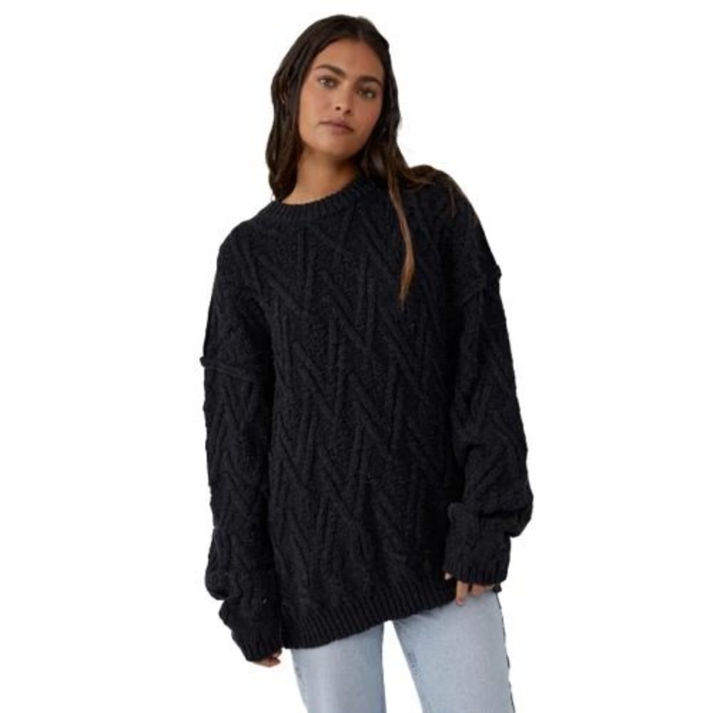 Free People Cable Knit Sweater Womens L Black Oversized Cotton OB1505582